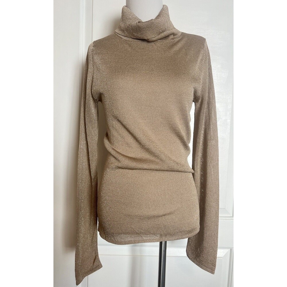Chaiken Designer Luxury Fitted Stretch Semi Sheer Turtleneck Shimmer Gold Top M